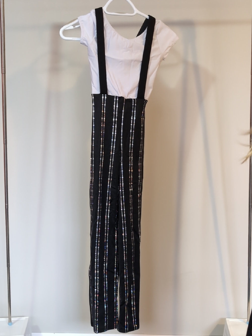Child's Black & White Dance Jumpsuit with Sequin Stripes